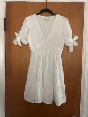 Altar'd State White V-Neck Tiered Mini Dress with Tie Sleeves